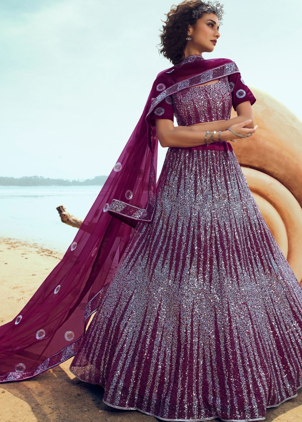 Wine Soft Net Designer Lehenga Choli with overall Sequins work