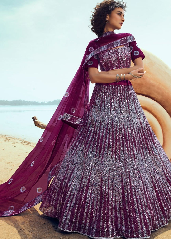 Wine Soft Net Designer Lehenga Choli with overall Sequins work
