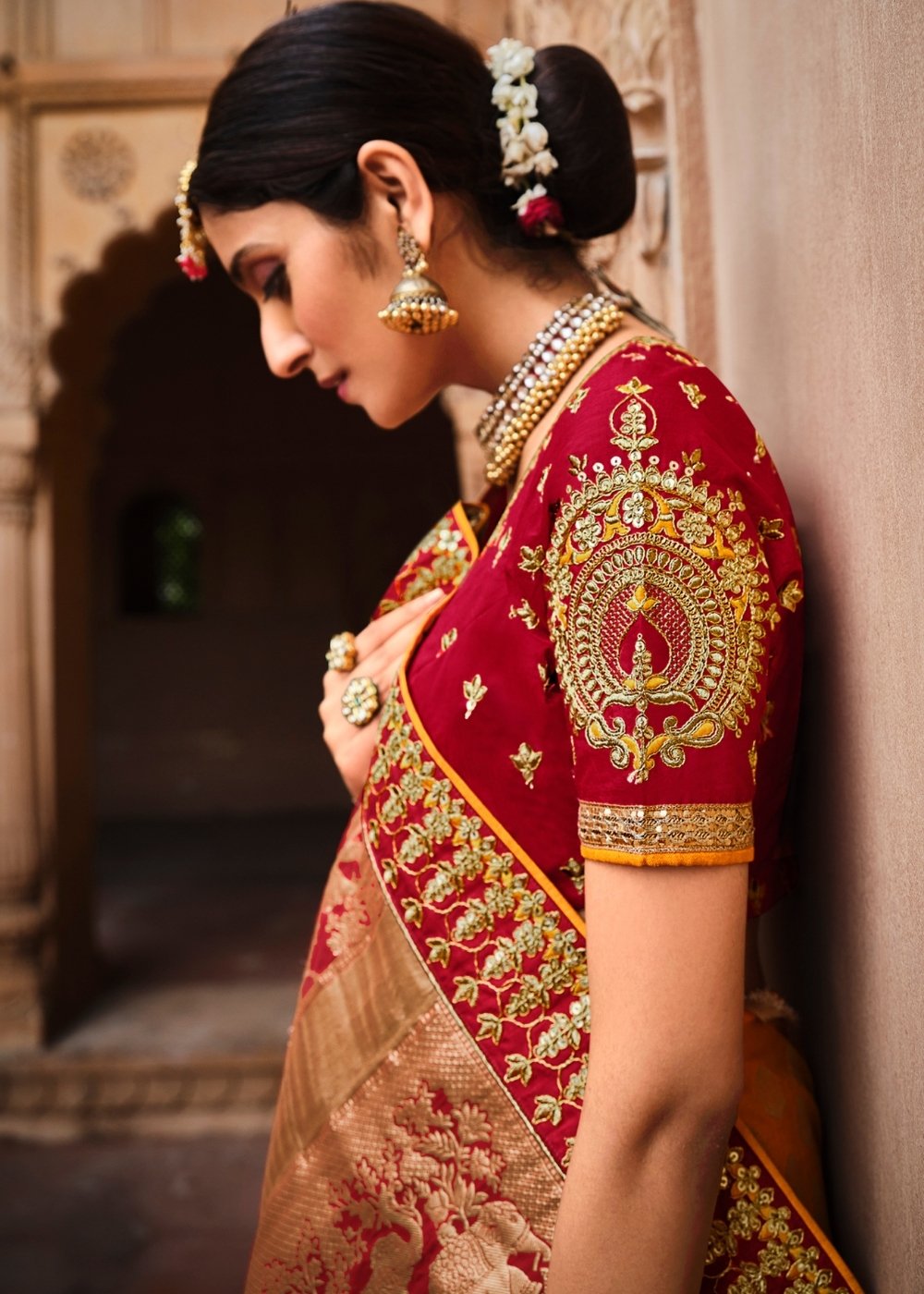 Orange & Red Jacquard Woven Silk Saree with Embroidered work