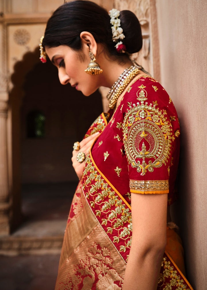 Orange & Red Jacquard Woven Silk Saree with Embroidered work