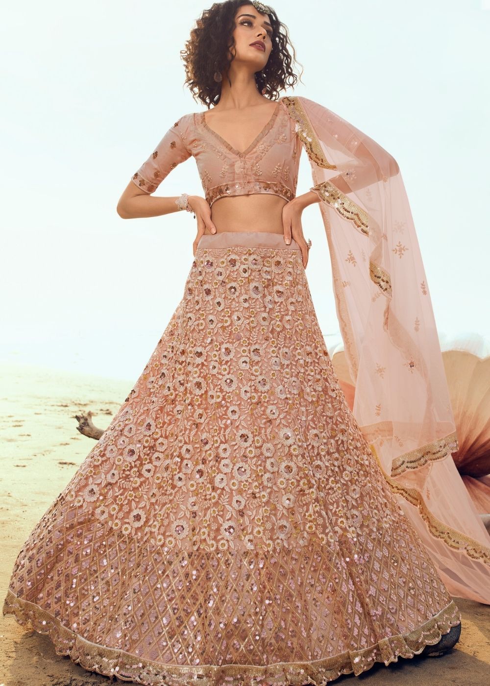 Salmon Pink Soft Net Designer Lehenga Choli with overall Sequins and Thread work