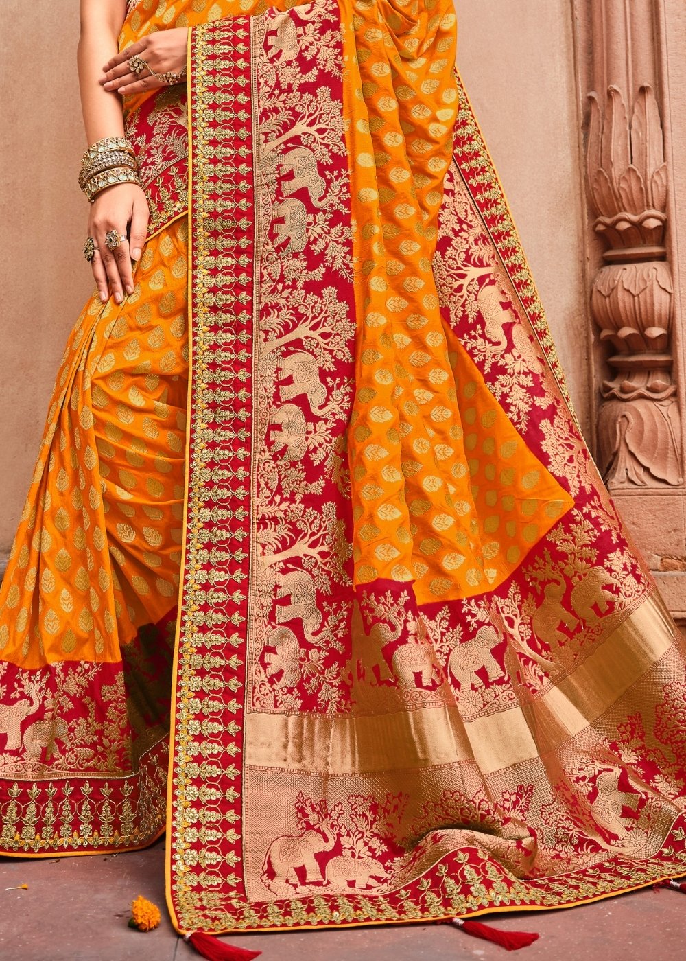 Orange & Red Jacquard Woven Silk Saree with Embroidered work