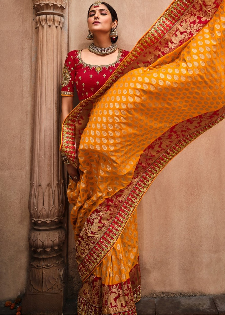 Orange & Red Jacquard Woven Silk Saree with Embroidered work