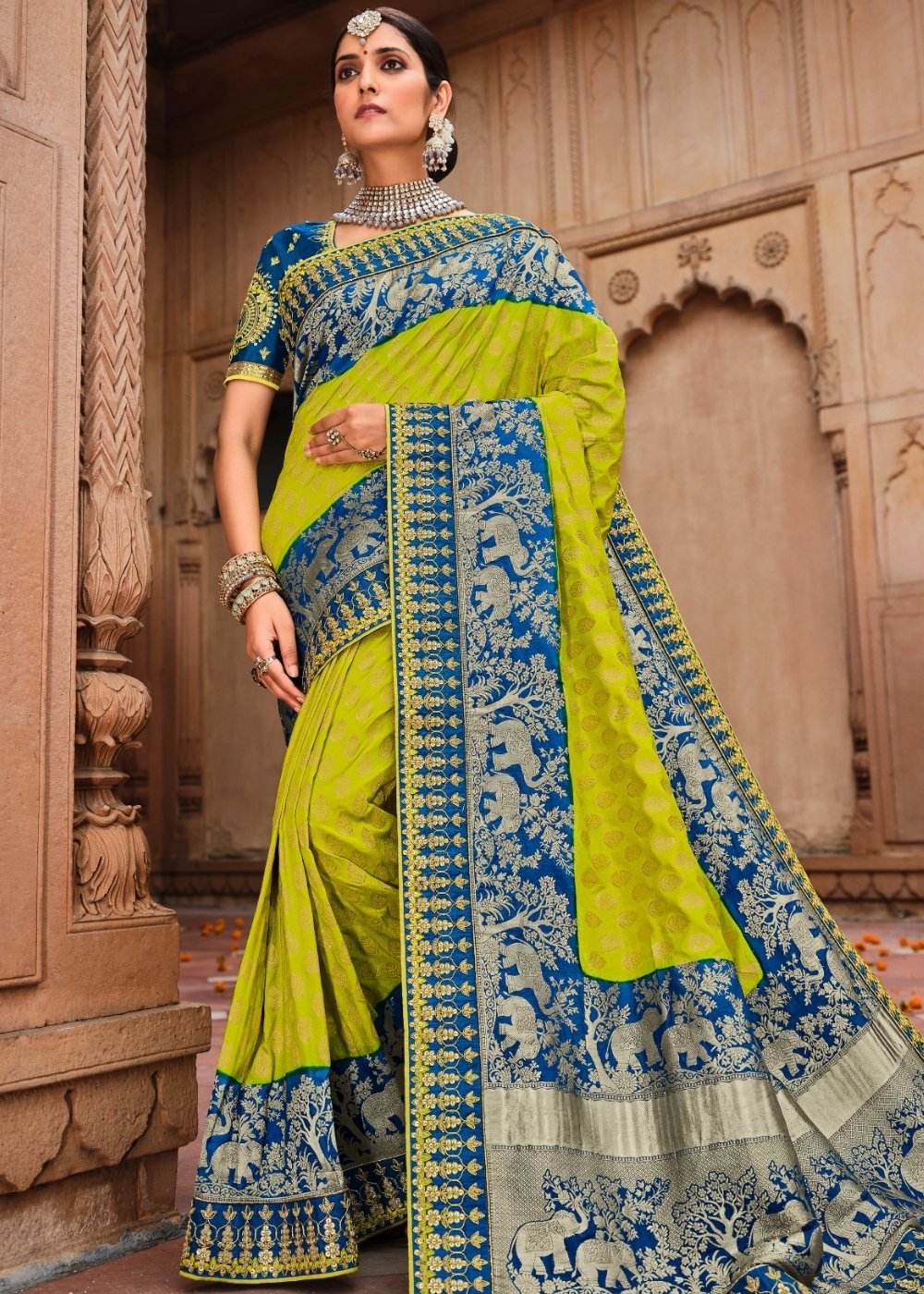 Green & Blue Jacquard Woven Silk Saree with Embroidered work: Top Pick