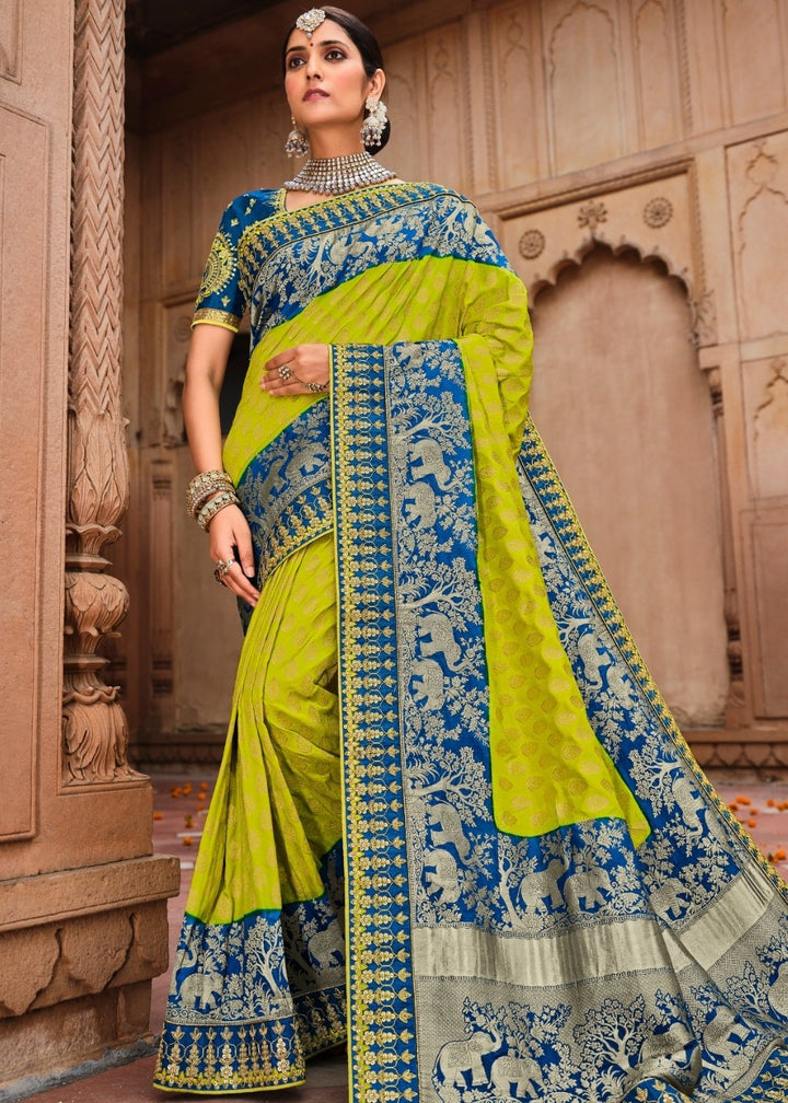 Green & Blue Jacquard Woven Silk Saree with Embroidered work: Top Pick