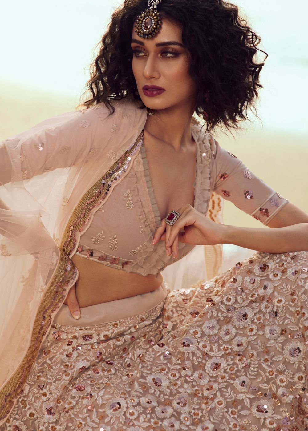 Salmon Pink Soft Net Designer Lehenga Choli with overall Sequins and Thread work