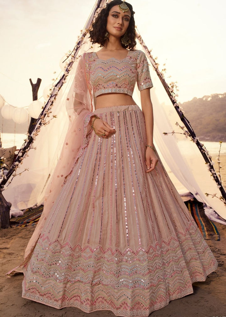 Peach Organza Lehenga Choli with Thread, Foli and Mirror work