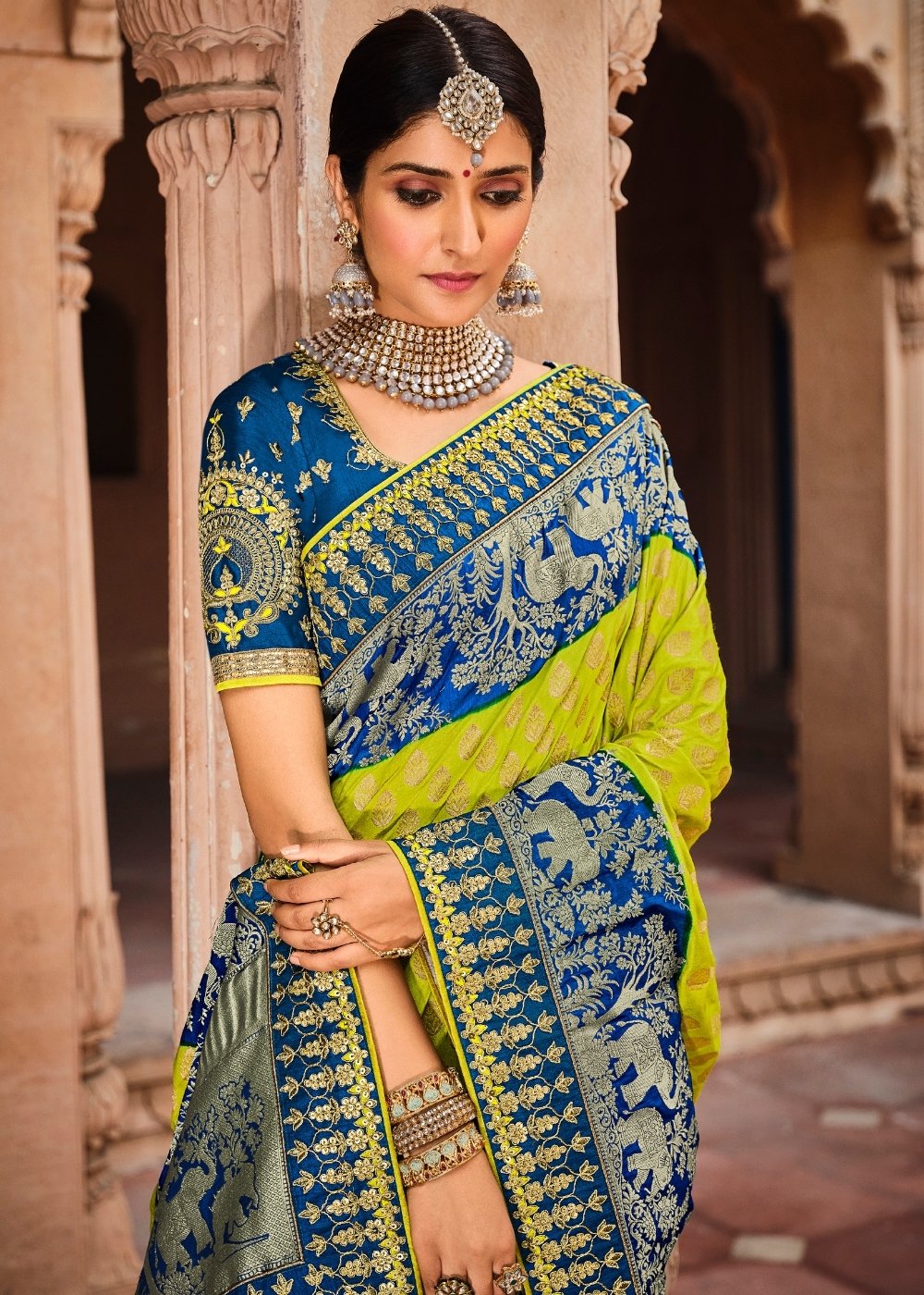 Green & Blue Jacquard Woven Silk Saree with Embroidered work: Top Pick