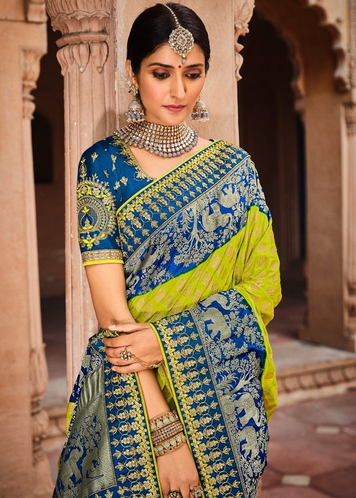 Green & Blue Jacquard Woven Silk Saree with Embroidered work: Top Pick