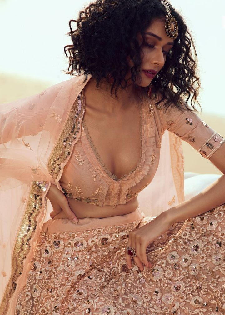 Salmon Pink Soft Net Designer Lehenga Choli with overall Sequins and Thread work
