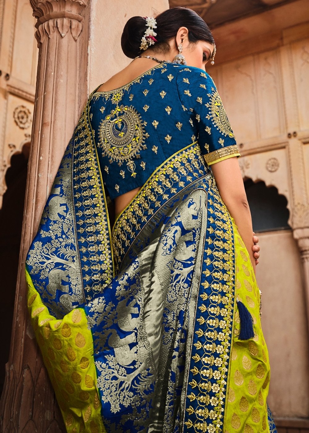 Green & Blue Jacquard Woven Silk Saree with Embroidered work: Top Pick