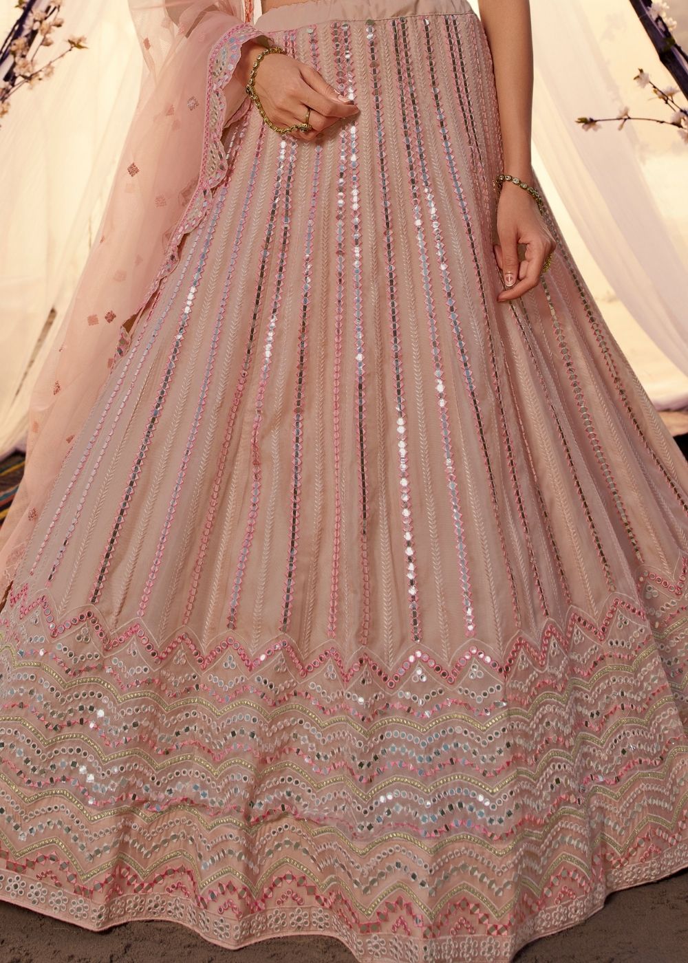 Peach Organza Lehenga Choli with Thread, Foli and Mirror work