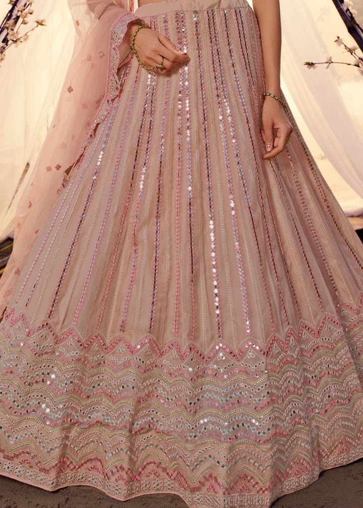 Peach Organza Lehenga Choli with Thread, Foli and Mirror work