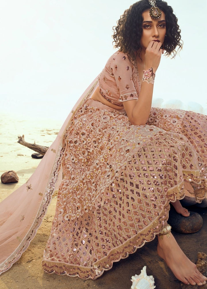 Salmon Pink Soft Net Designer Lehenga Choli with overall Sequins and Thread work