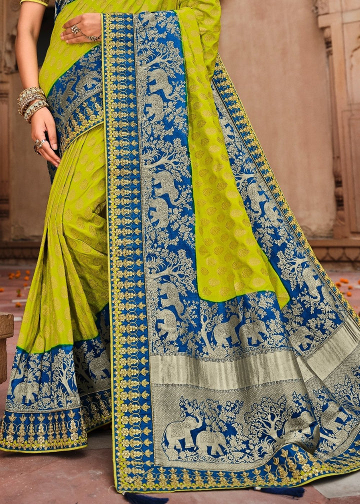 Green & Blue Jacquard Woven Silk Saree with Embroidered work: Top Pick