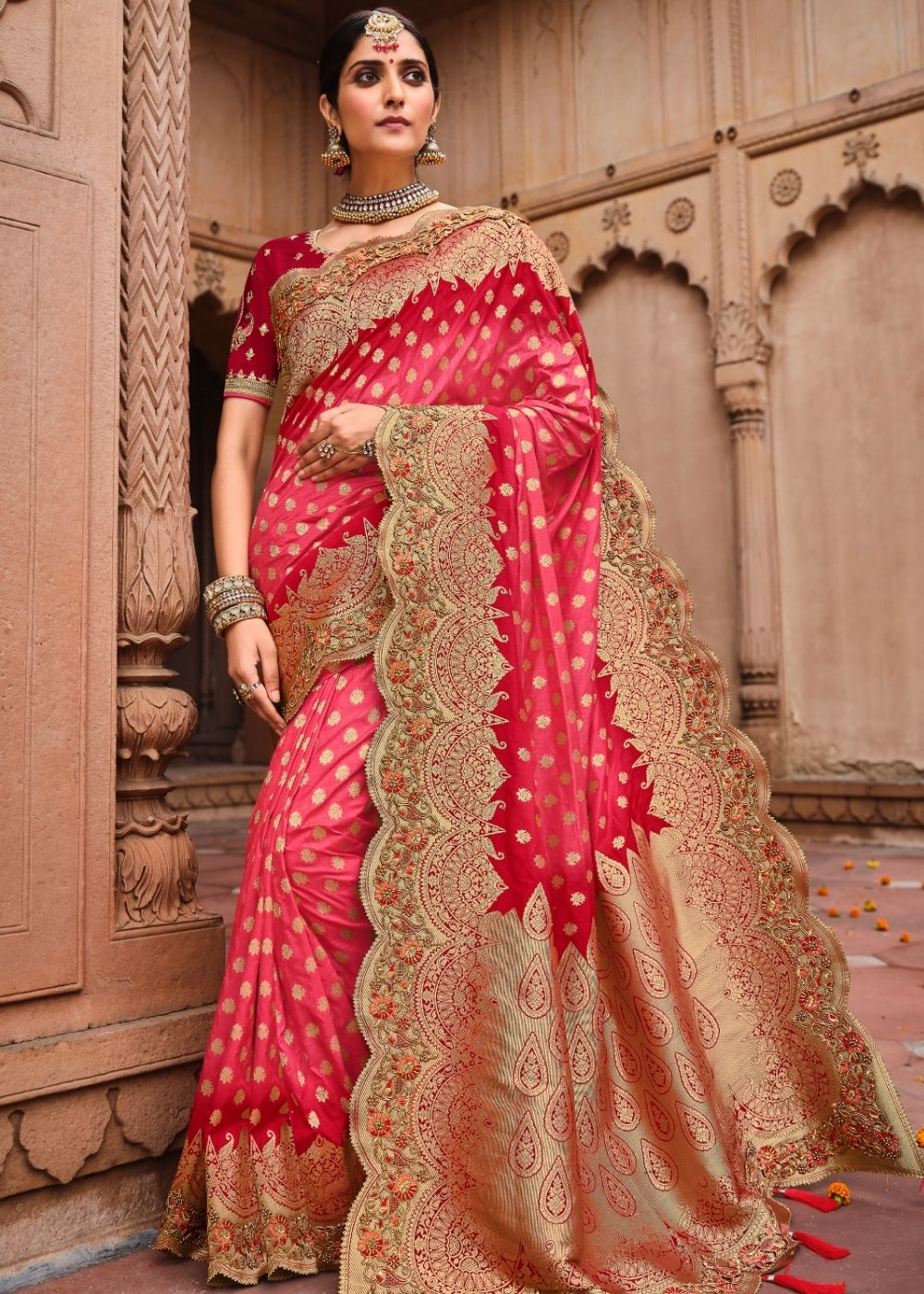 Punch Pink & Red Jacquard Woven Silk Saree with Embroidered work
