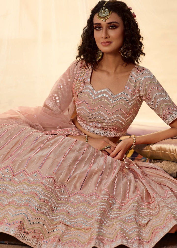 Peach Organza Lehenga Choli with Thread, Foli and Mirror work