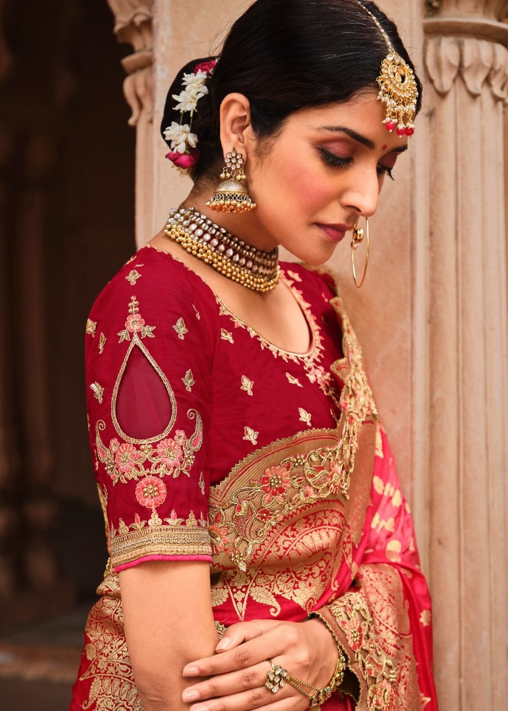 Punch Pink & Red Jacquard Woven Silk Saree with Embroidered work