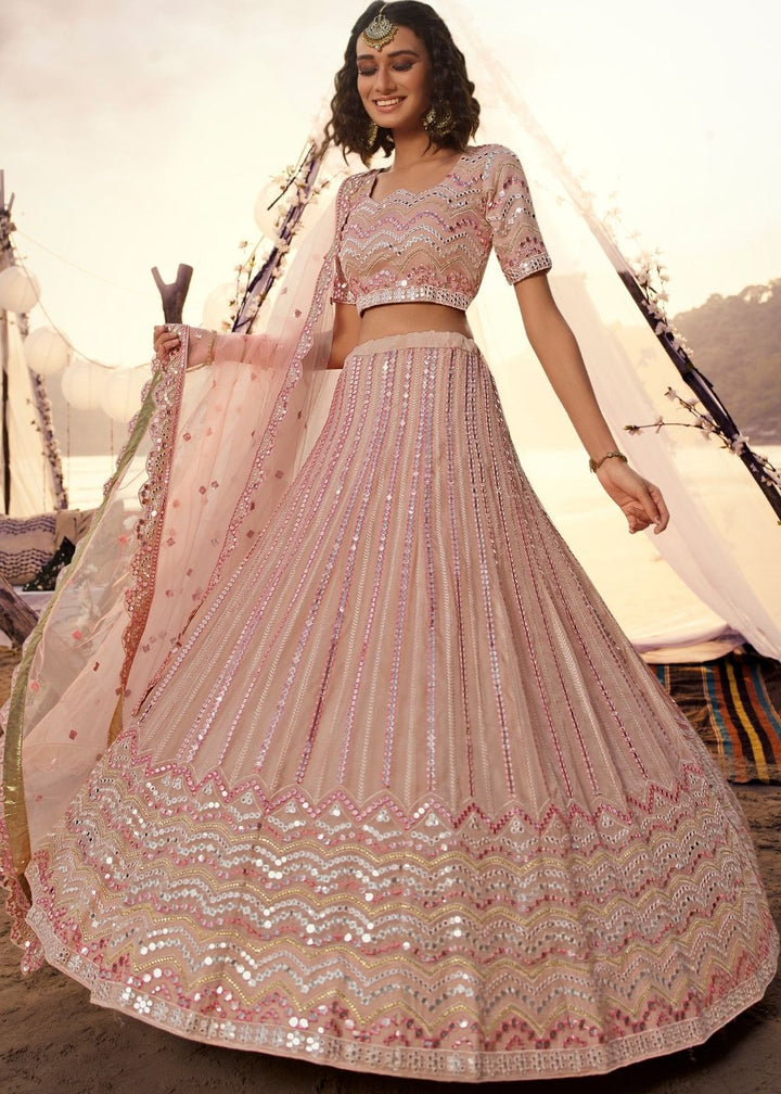 Peach Organza Lehenga Choli with Thread, Foli and Mirror work