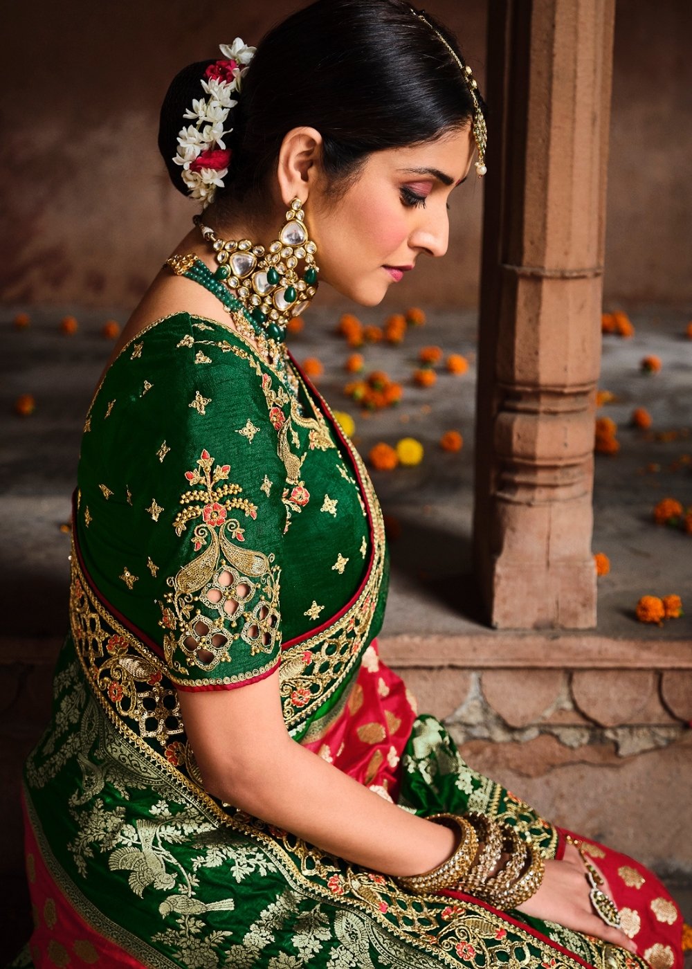 Red & Green Jacquard Woven Silk Saree with Embroidered work