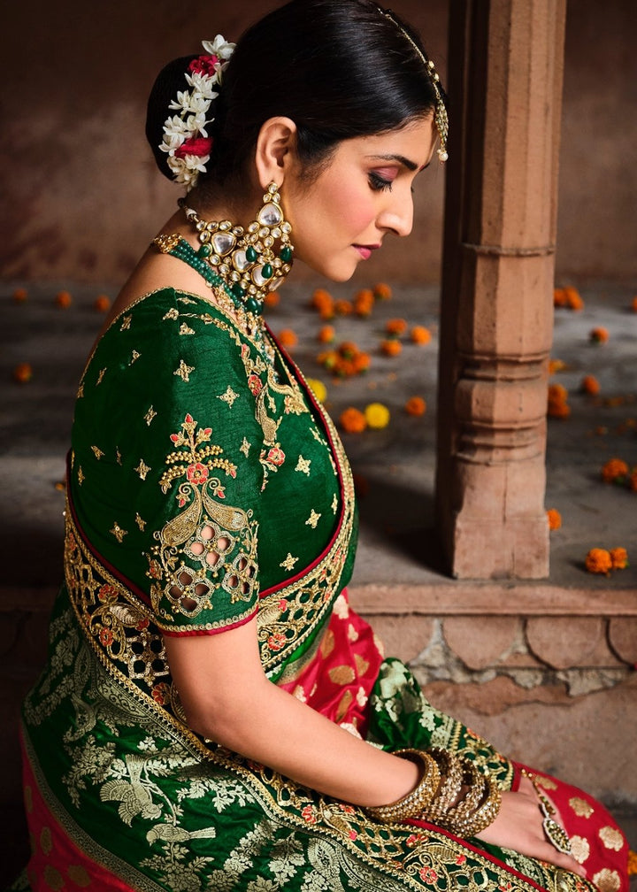 Red & Green Jacquard Woven Silk Saree with Embroidered work