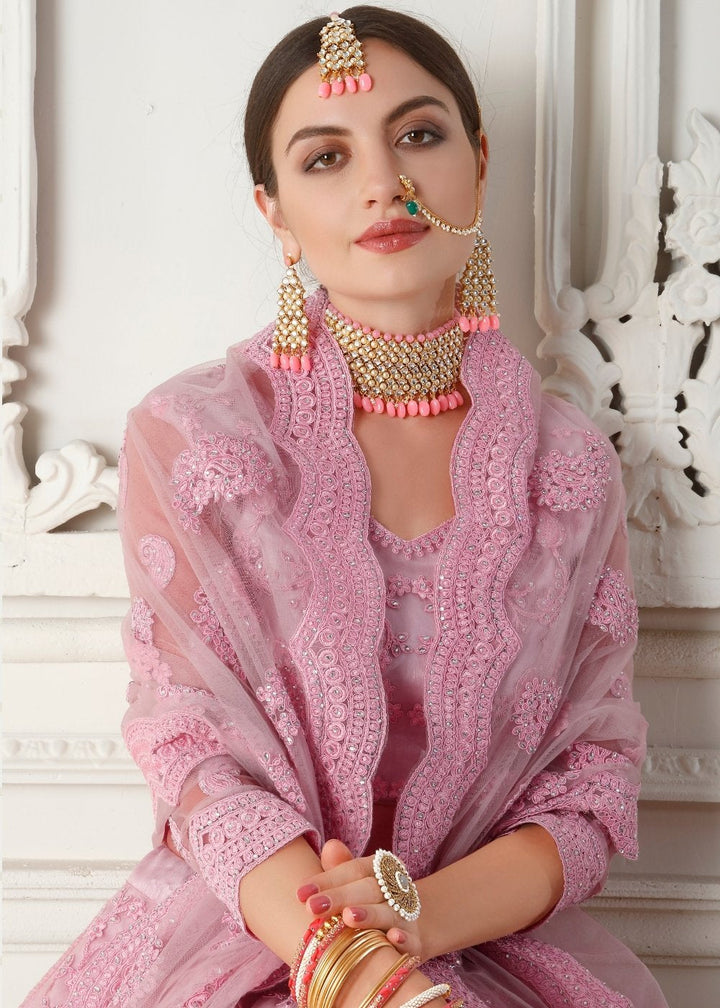 Taffy Pink Soft Net Lehenga Choli with Cording Embroidery & Stonework(Pre-Order)