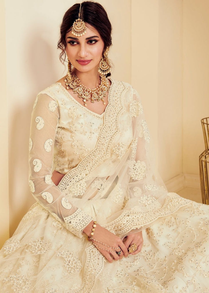 Ivory White Soft Net Lehenga Choli with Cording Embroidery & Stone work