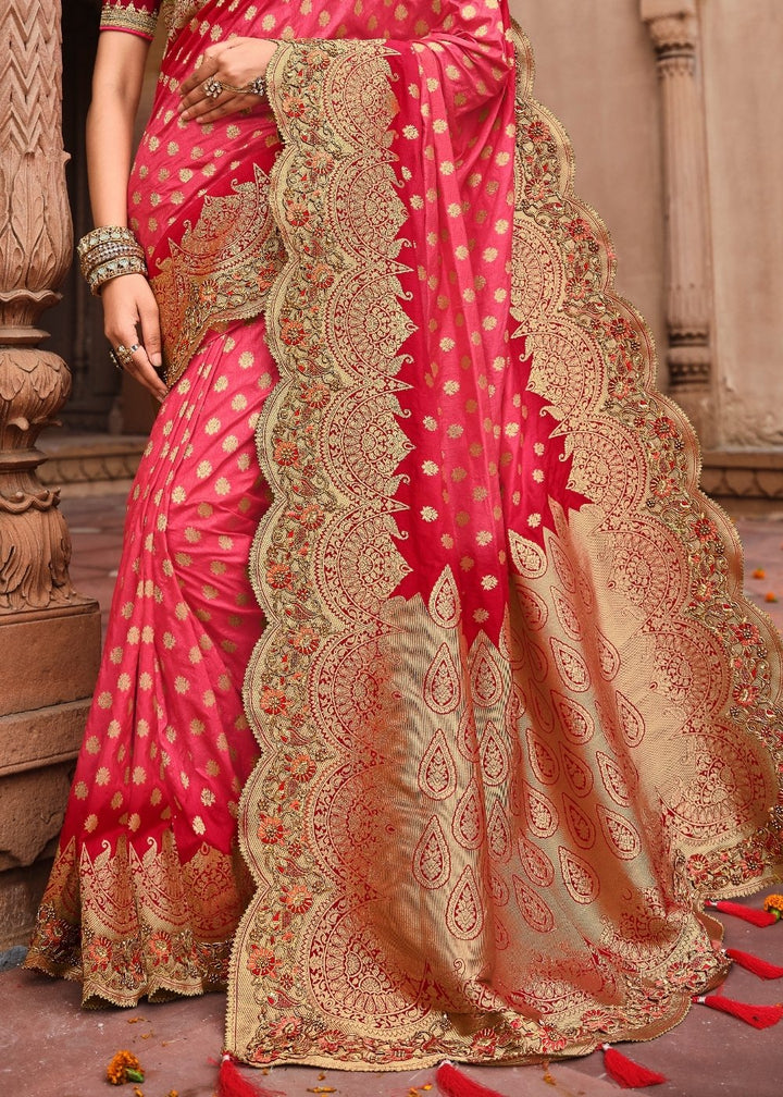 Punch Pink & Red Jacquard Woven Silk Saree with Embroidered work