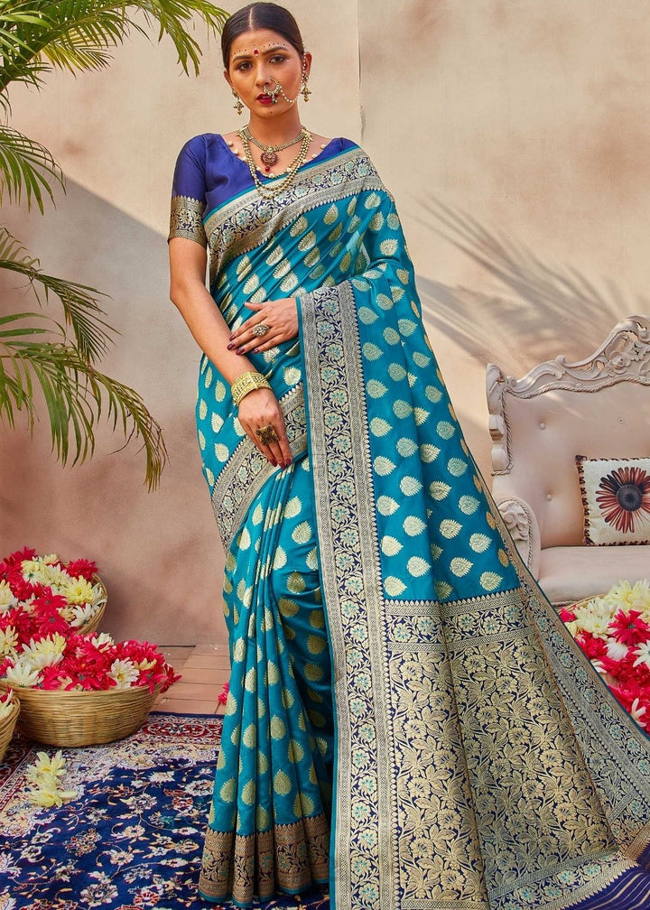 Turquoise Blue Zari Woven Banarasi Silk Saree