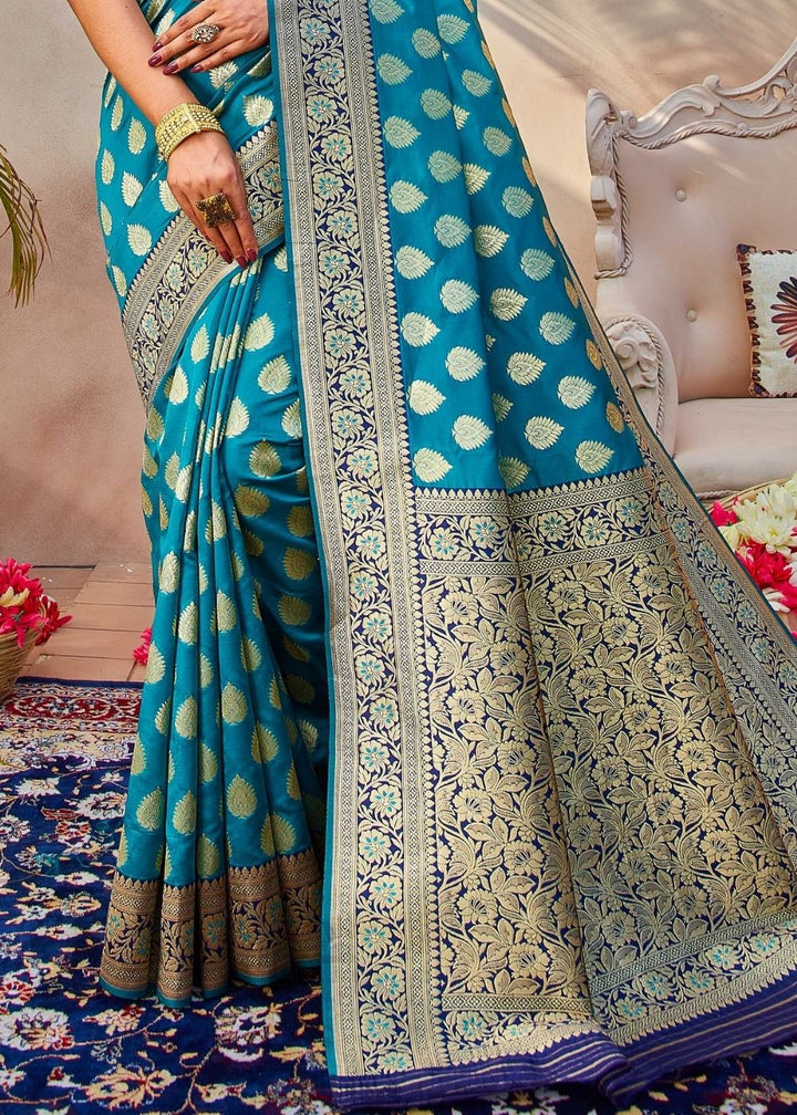 Turquoise Blue Zari Woven Banarasi Silk Saree