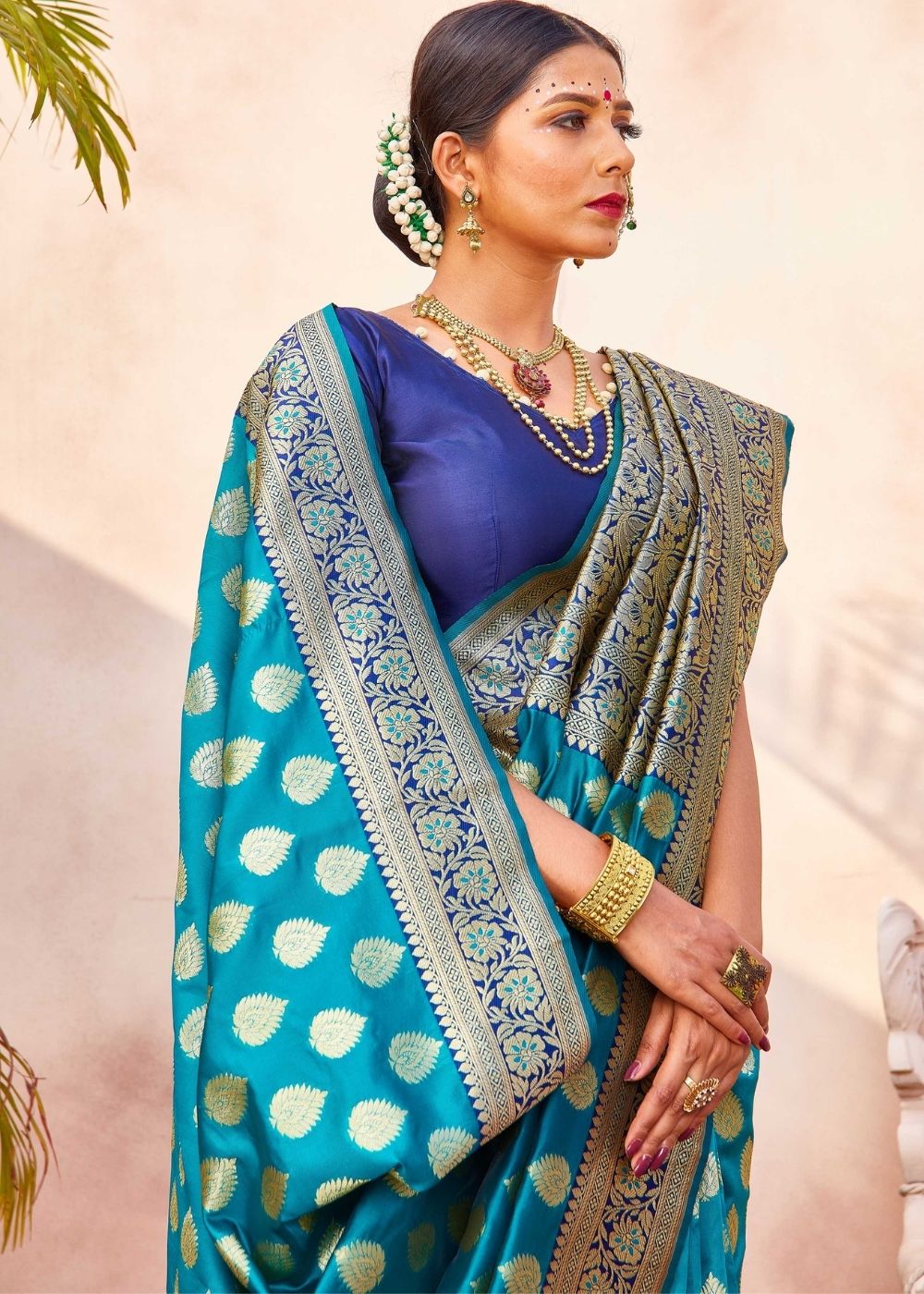 Turquoise Blue Zari Woven Banarasi Silk Saree