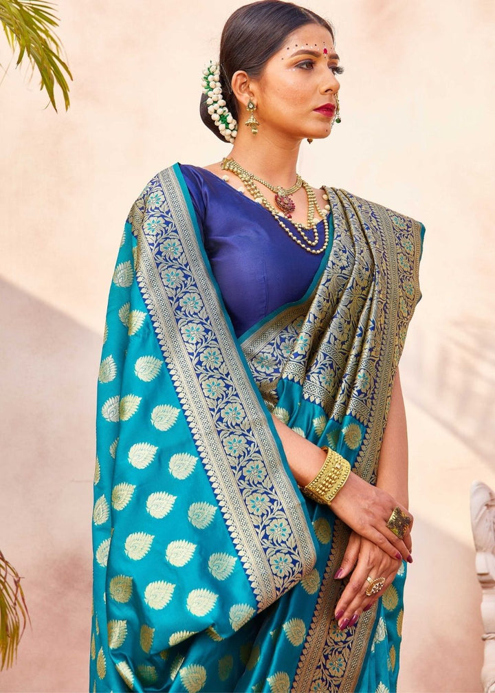 Turquoise Blue Zari Woven Banarasi Silk Saree