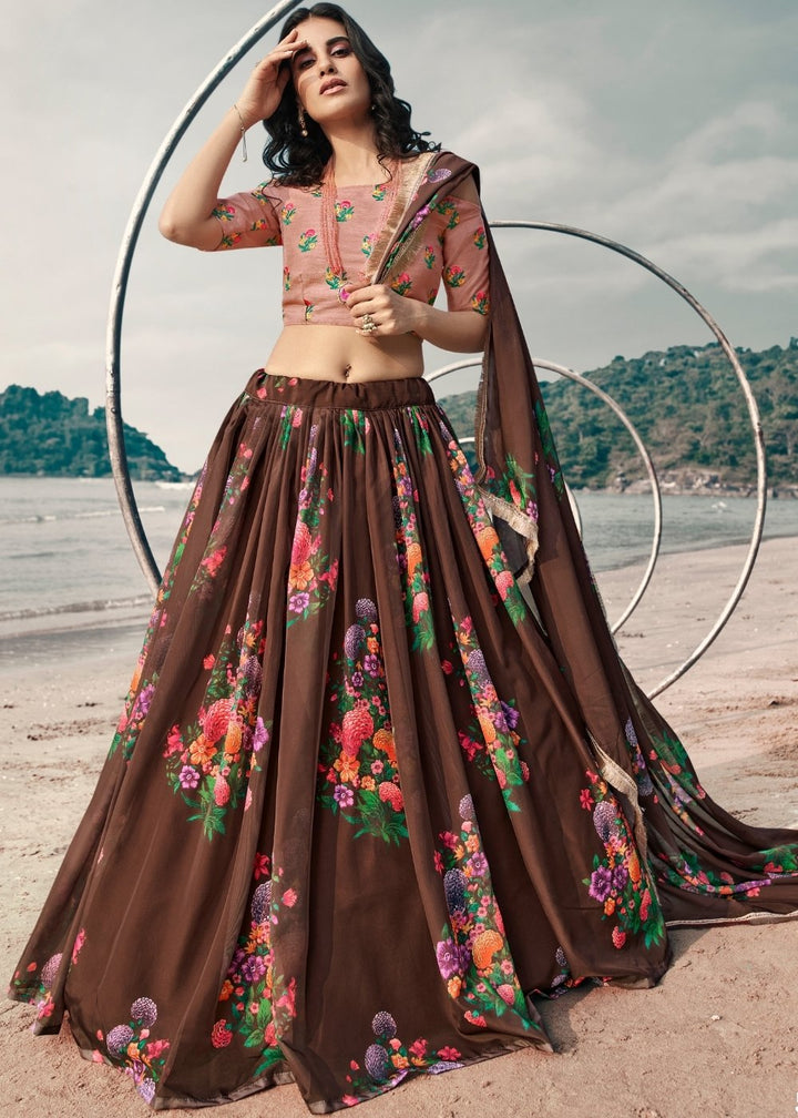 Chocolate Brown Designer Printed Organza Lehenga with Soft Net Dupatta