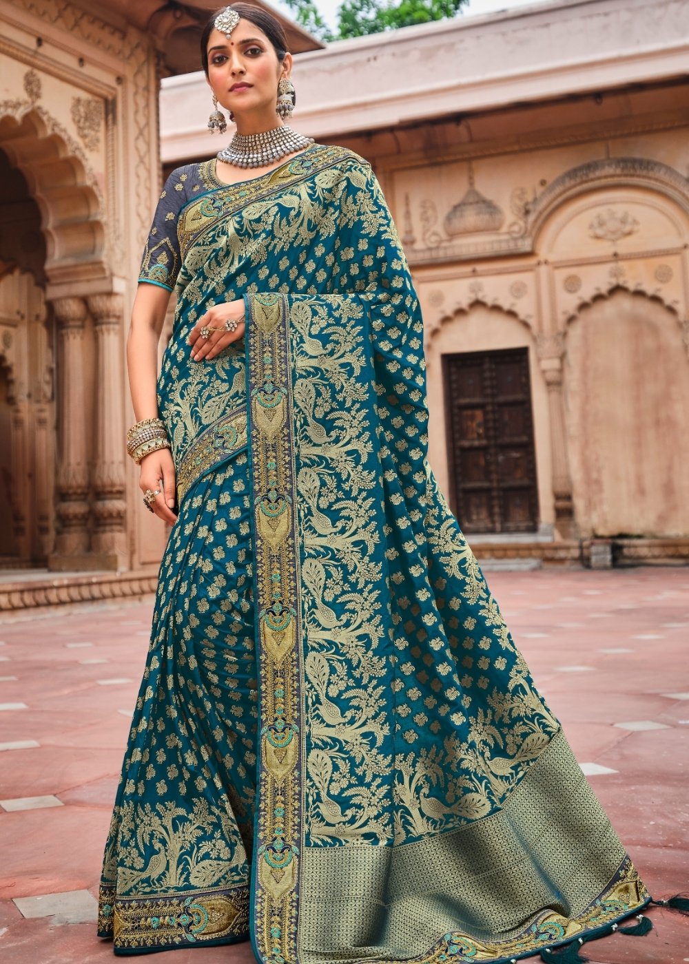 Prussian Blue Jacquard Woven Silk Saree with Embroidered work