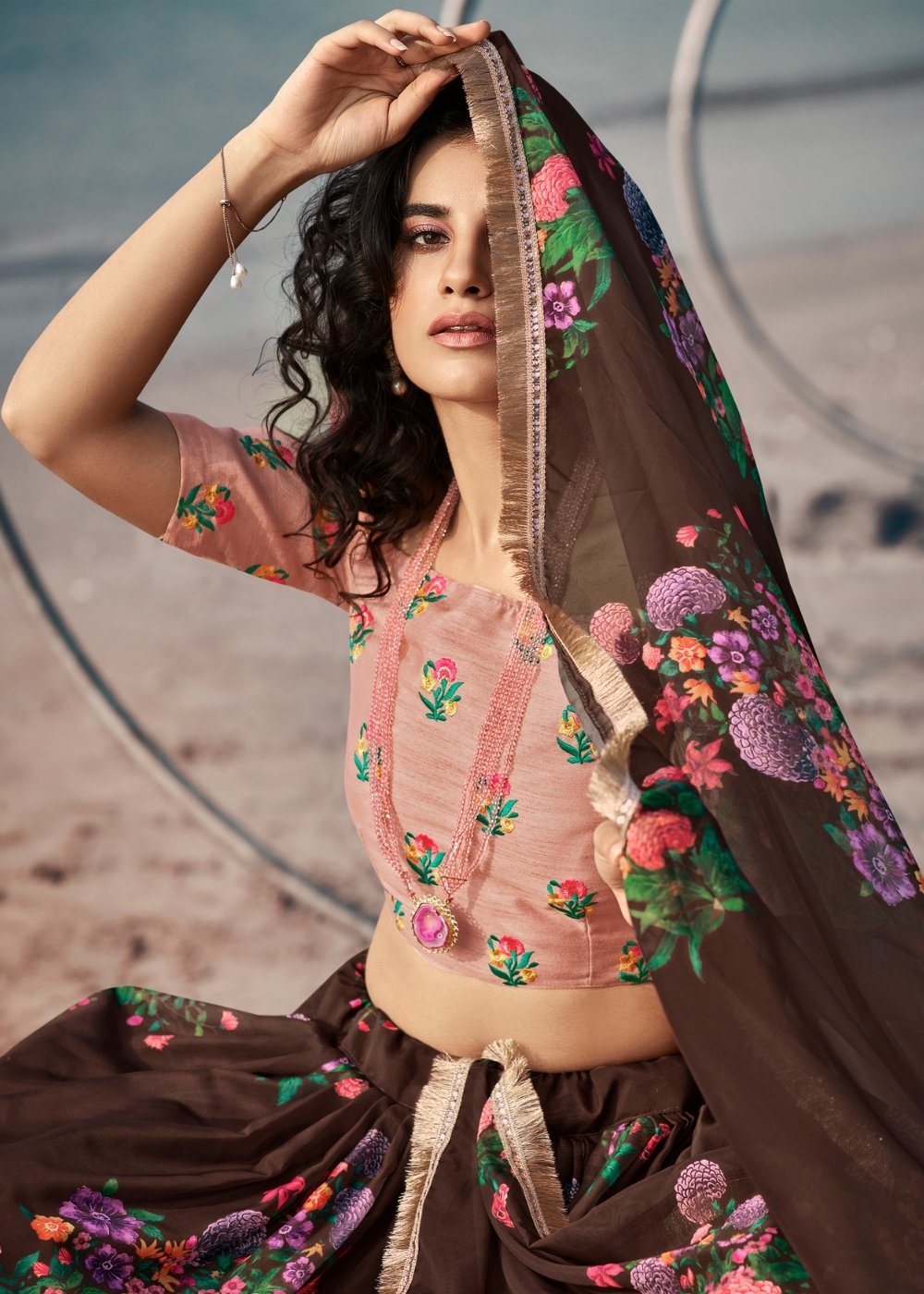 Chocolate Brown Designer Printed Organza Lehenga with Soft Net Dupatta