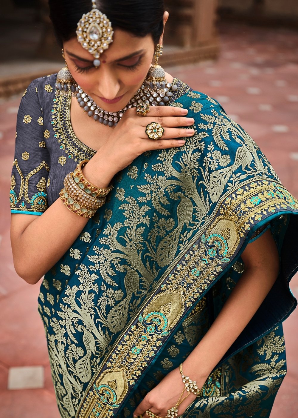 Prussian Blue Jacquard Woven Silk Saree with Embroidered work