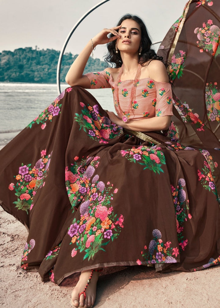 Chocolate Brown Designer Printed Organza Lehenga with Soft Net Dupatta