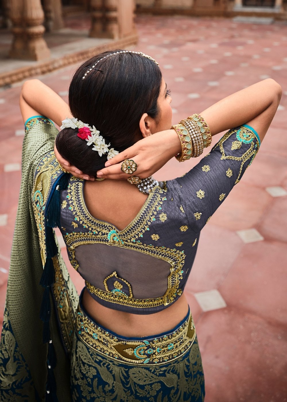 Prussian Blue Jacquard Woven Silk Saree with Embroidered work