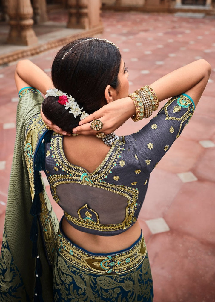 Prussian Blue Jacquard Woven Silk Saree with Embroidered work