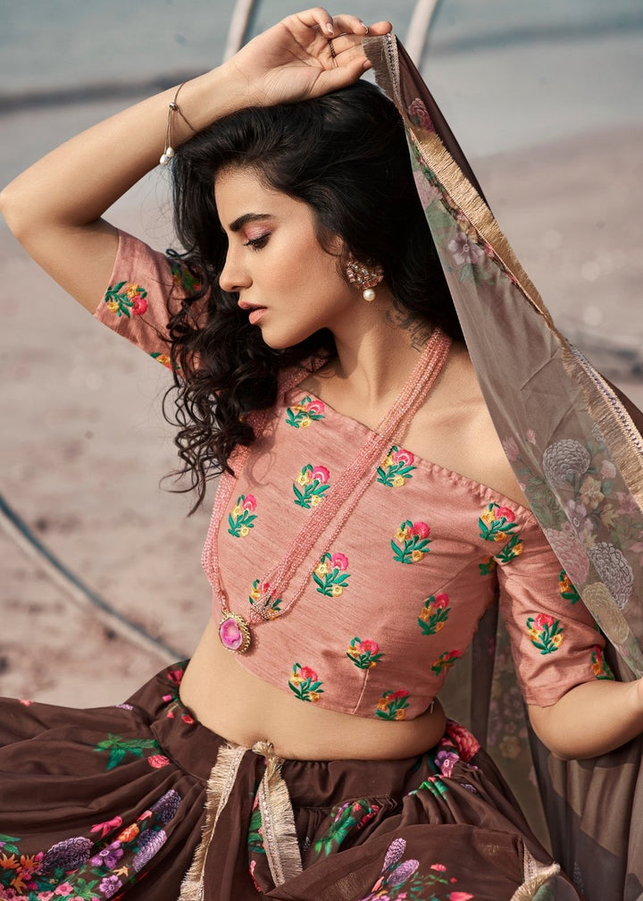 Chocolate Brown Designer Printed Organza Lehenga with Soft Net Dupatta