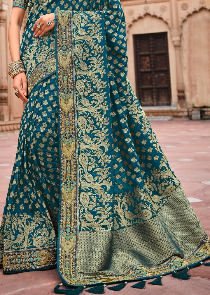 Prussian Blue Jacquard Woven Silk Saree with Embroidered work