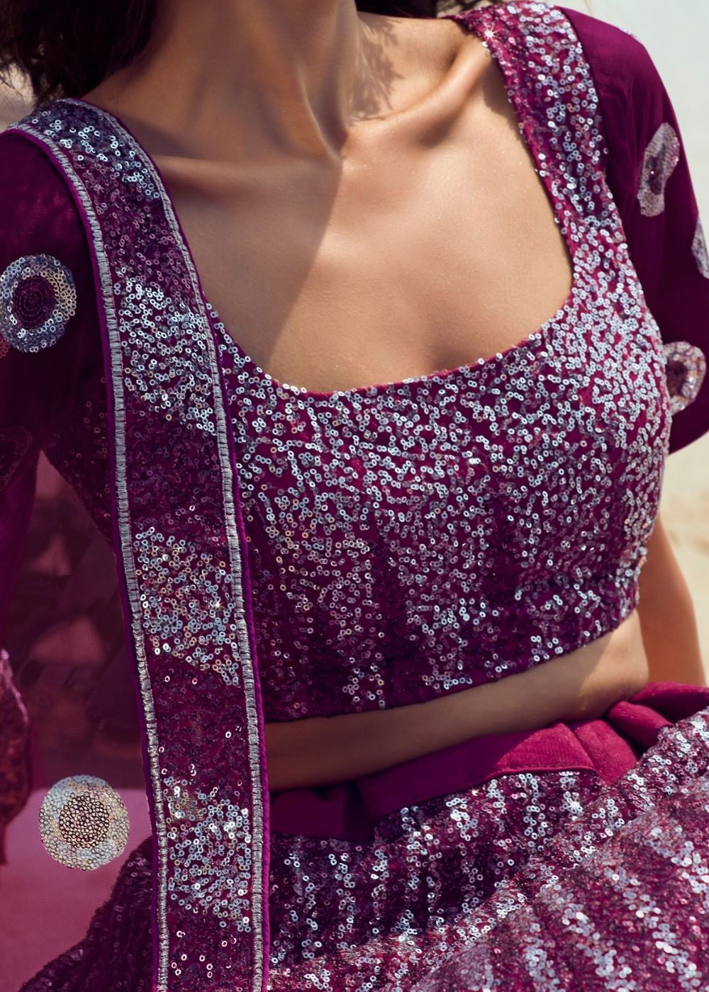 Wine Soft Net Designer Lehenga Choli with overall Sequins work