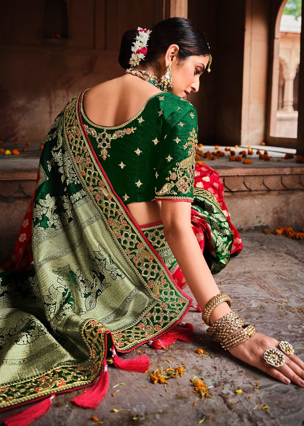 Red & Green Jacquard Woven Silk Saree with Embroidered work