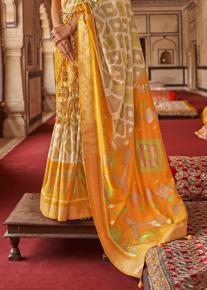 Cream & Yellow Printed Patola Dola Silk Saree with Zari Border