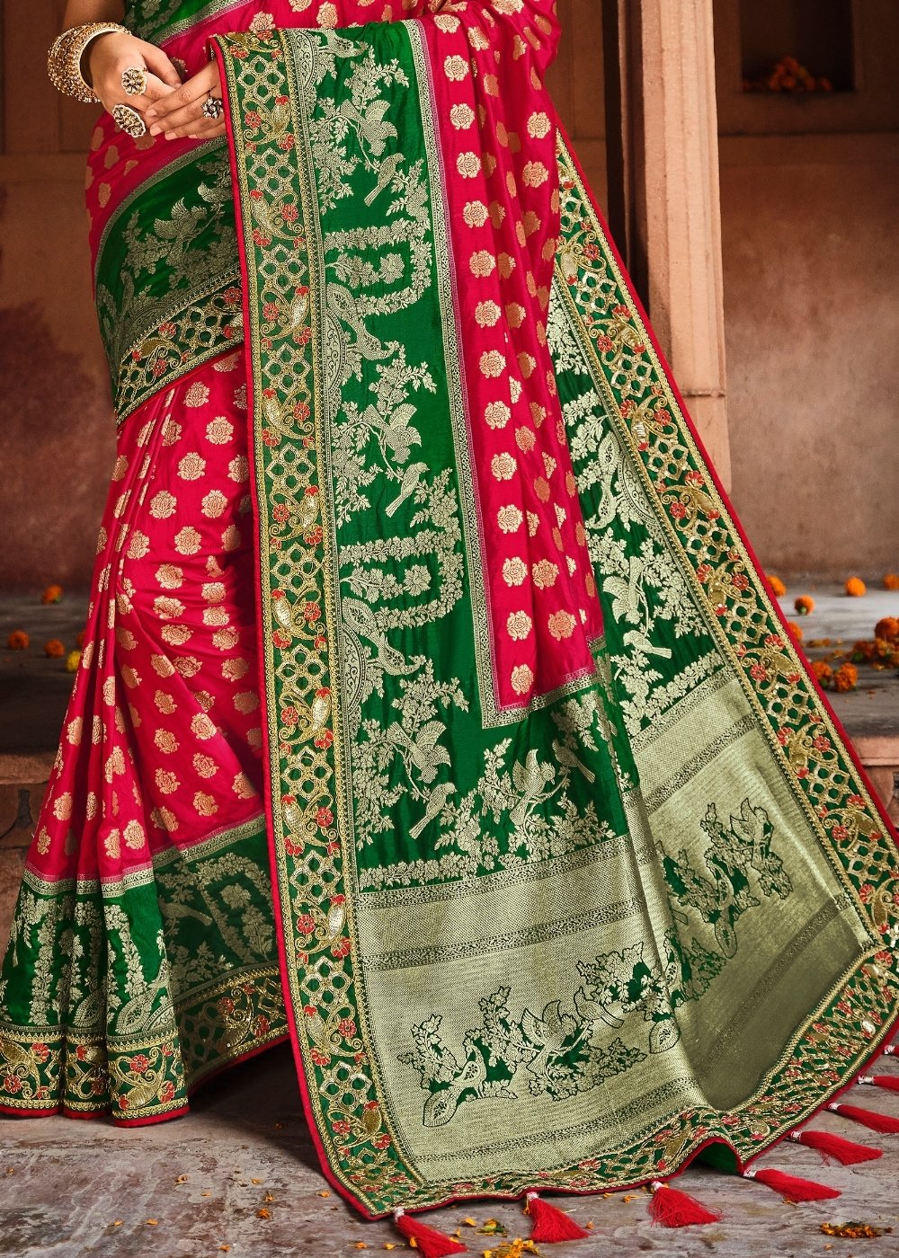 Red & Green Jacquard Woven Silk Saree with Embroidered work
