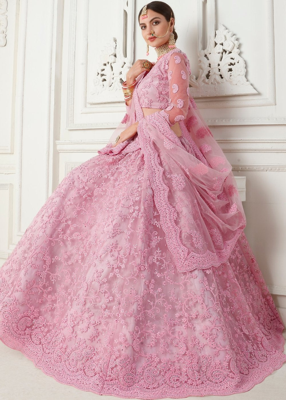 Taffy Pink Soft Net Lehenga Choli with Cording Embroidery & Stonework(Pre-Order)