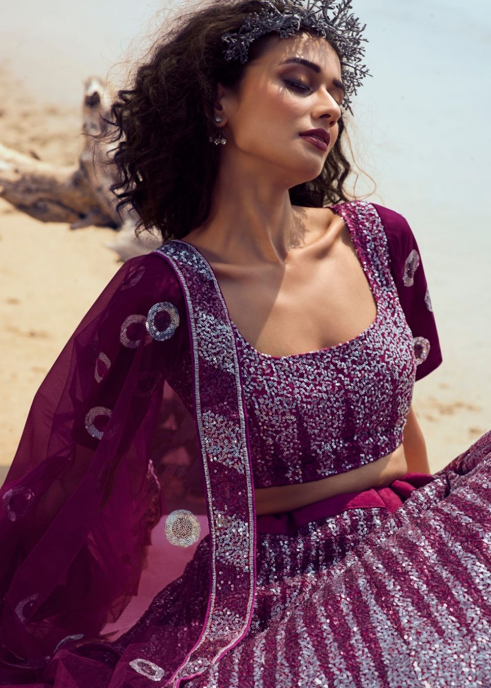 Wine Soft Net Designer Lehenga Choli with overall Sequins work