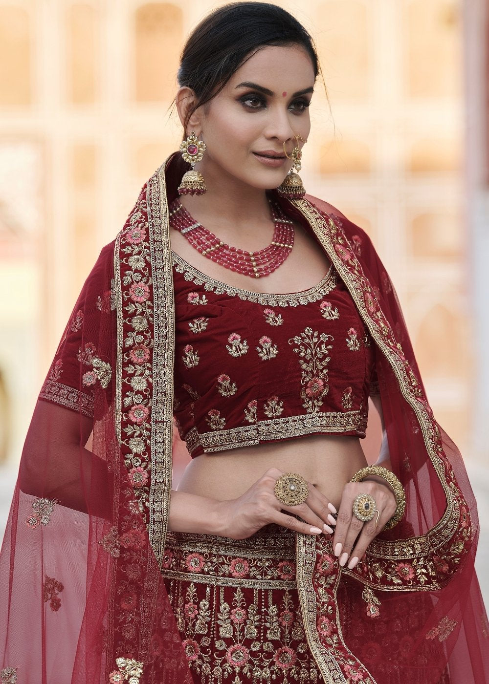 Maroon Red Velvet Lehenga Choli Having Heavy Embroidery & Hand work: Bridal Edition