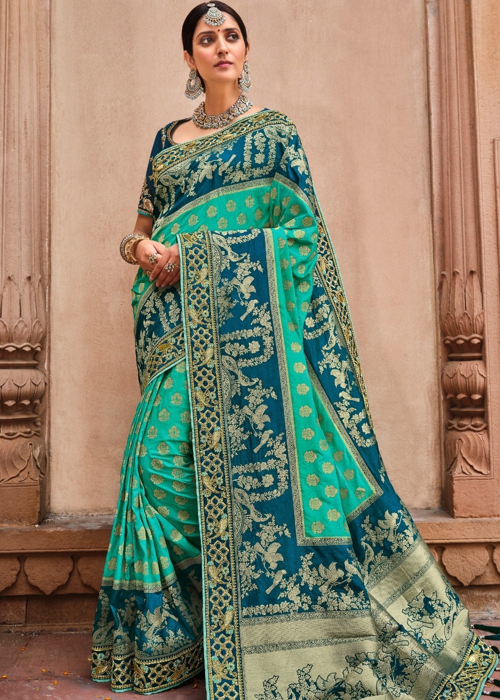 Turquoise Blue Jacquard Woven Silk Saree with Embroidered work