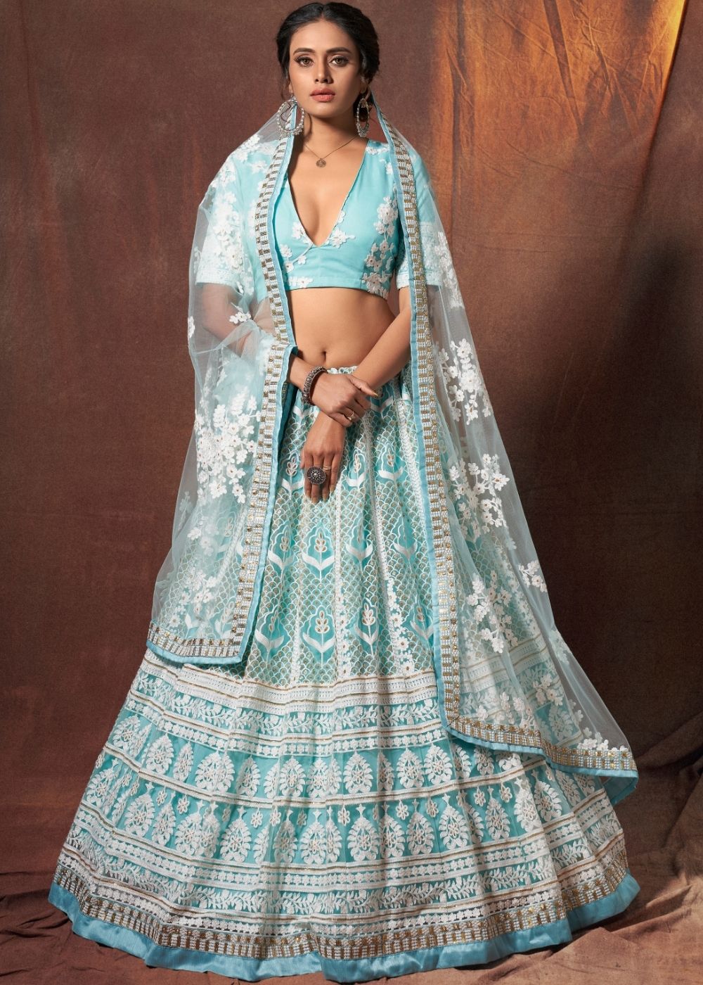 Baby Blue Designer Soft Net Lehenga Choli with Resham & Sequins work